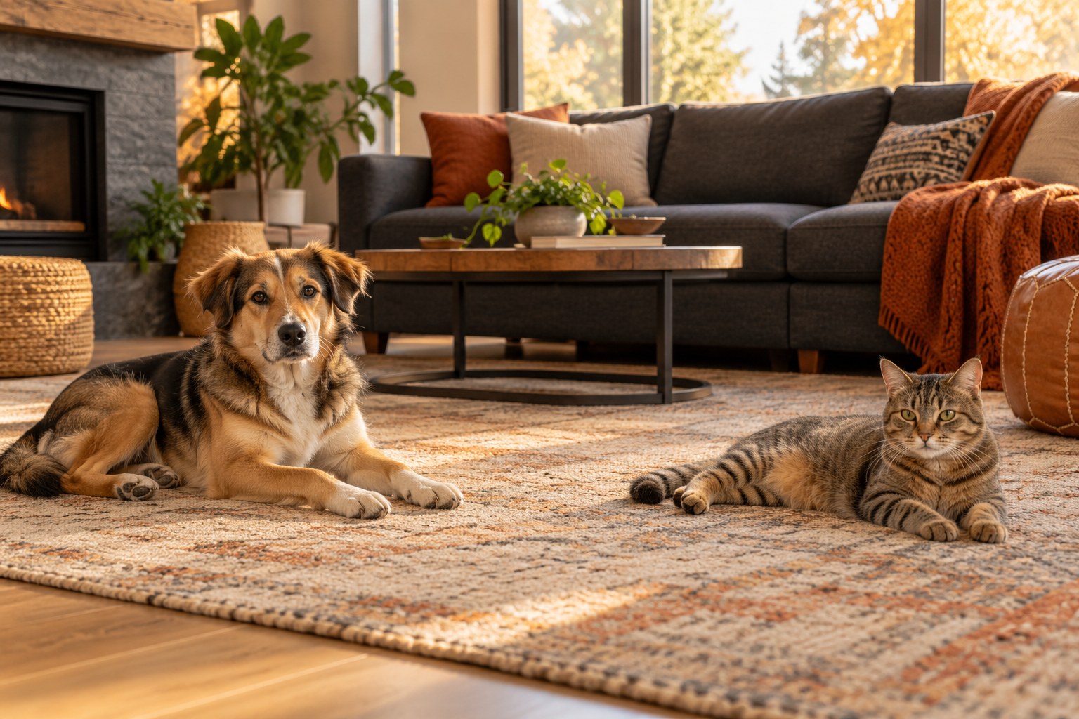 Un perro y un gato descansan en diferentes zonas de una sala de estar